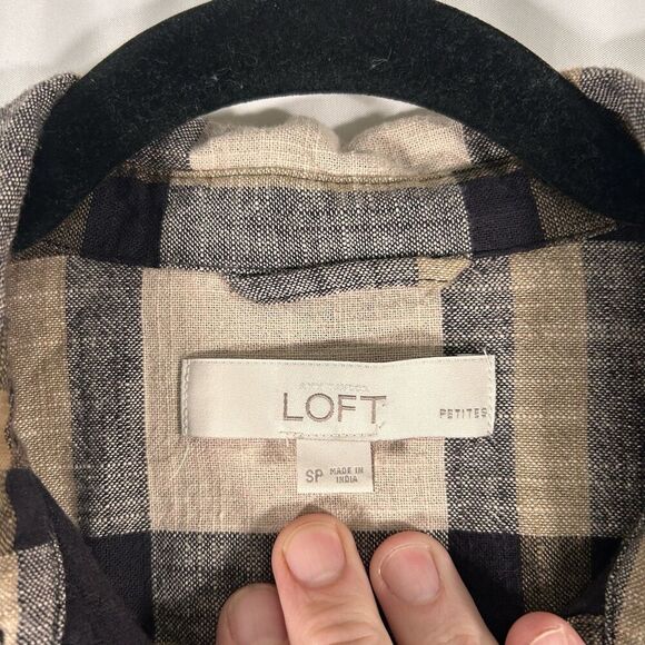 LOFT Knee Length Dress Women's Small Petite Brown Blue Plaid Button Up Tie Waist - Picture 5 of 7